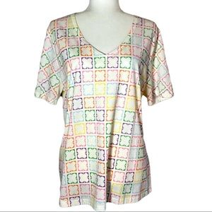 Liz Claiborne V-Neck Multicolor Abstract Print Short Sleeve Tee Shirt Size 1X